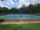 Well-maintained community tennis courts with benches surrounded by a fence and foliage at 325 Stonecastle Pass, South Fulton, GA 30331