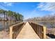 Scenic view of a wooden dock extending into a peaceful lake, surrounded by trees and a clear blue sky at 3070 Corsair Curv, Cumming, GA 30040