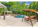 Backyard oasis with a sparkling pool, hot tub, swing and lush greenery creates a relaxing and private retreat at 3070 Corsair Curv, Cumming, GA 30040
