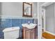Classic bathroom with blue accent tiles, a vanity with sink, and a decorative mirror at 3351 Phillip Cir, Decatur, GA 30032