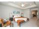 Relaxing bedroom featuring tray ceilings, plush carpet, large windows, and stylish decor at 456 Millsap Way, Marietta, GA 30060