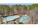Aerial view of community pools, including a lazy river, surrounded by lush landscaping and mature trees at 2883 Misty Rock Cv, Dacula, GA 30019