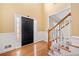Bright foyer with hardwood floors, wainscoting, and staircase at 1039 Ashfern Walk, Woodstock, GA 30189