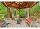 Gazebo with comfortable outdoor seating and fire pit in a landscaped backyard at 828 Guinevere Sw Way, Lilburn, GA 30047