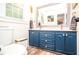 Charming bathroom featuring a blue vanity, double sinks, modern fixtures, and decorative accents at 5500 Georgetown Sw Trce, Lilburn, GA 30047
