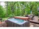 Relaxing hot tub with a wooden deck and lush greenery providing a private retreat at 5500 Georgetown Sw Trce, Lilburn, GA 30047