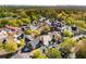 Picturesque aerial view of Vinings Jubilee with its charming buildings and lush greenery with the Atlanta skyline in the distance at 3582 Grove Gate Ln, Atlanta, GA 30339