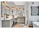 Bathroom with double vanity, large mirror, soaking tub, and walk-in shower at 2138 Jockey Hollow Nw Dr, Kennesaw, GA 30152