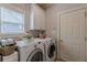 Convenient laundry room with washer, dryer, storage cabinets, and natural light from a window at 3452 Village Park Sw Ln, Atlanta, GA 30331