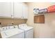 Functional laundry room with modern washer and dryer, white cabinets, and shelving at 1874 Manor View Nw Cir # 4, Acworth, GA 30101