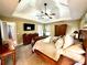 This main bedroom features a trey ceiling, ceiling fan, and access to the main bathroom at 2515 Little John Ct, Cumming, GA 30040