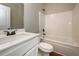 Clean bathroom features a toilet, sink with white cabinets, and a tub at 5995 Crowley Dr, Douglasville, GA 30135