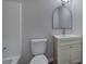 Bathroom featuring white cabinet and updated lighting at 63 Colette Ct, Douglasville, GA 30134