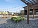 Outdoor patio area with green picnic tables, gravel ground cover, and pergola with string lights overhead at 989 Bibbs Circle Nw, Atlanta, GA 30318