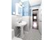Stylish bathroom with pedestal sink, blue walls, black and white tile floor at 510 Coventry Rd # 8A, Decatur, GA 30030