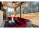 Covered outdoor patio with comfortable red seating, a glass-top table, and views of the yard at 2320 Ridge View Dr, Loganville, GA 30052