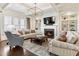 Cozy living room with a fireplace, built-in shelves, and coffered ceilings at 230 Hardscrabble Rd, Roswell, GA 30075