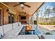 Covered outdoor living space with plush seating, ceiling fans, and a mounted TV at 268 Hanson Way, Marietta, GA 30064