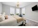 Well-lit main bedroom featuring soft carpet, window shades, and a modern light fixture at 6616 Aria Village Dr, Atlanta, GA 30328