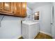 Functional laundry room with washer, dryer, storage cabinets, wire shelving, and a window for natural light at 931 New Bedford, Marietta, GA 30068