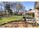 Beautiful backyard with a covered patio, lush green grass, and mature landscaping at 6784 Tilton Ln, Peachtree Corners, GA 30360
