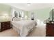 Bedroom features a comfortable bed, carpet, a view to the outside and access to a bathroom at 6784 Tilton Ln, Peachtree Corners, GA 30360