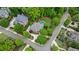 Aerial view of a landscaped neighborhood, showcasing home, community pool, and verdant surroundings at 2260 Wood Falls Dr, Cumming, GA 30041