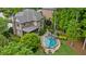 Picturesque backyard featuring a pool, screened porch, and beautifully landscaped grounds with mature trees at 2260 Wood Falls Dr, Cumming, GA 30041