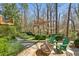 Secluded backyard with patio, fire pit, and lush landscaping with mature trees at 2173 Lebaron Ne Dr, Atlanta, GA 30345