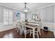 Dining room featuring white walls, wainscoting, dark wood floors, and a modern chandelier above the dining table at 1609 Twin Courts Sw Ln, Marietta, GA 30008