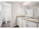 A bathroom with a double sink and granite countertops at 2016 Wyndham Pl, Conyers, GA 30013