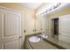 Bathroom featuring a granite vanity, large mirror, and tiled shower at 4408 Meadowwood Dr, Loganville, GA 30052