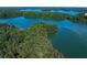 Scenic aerial view of a sparkling lake surrounded by lush green forest and shoreline at 1620 Rising Mist Ln, Cumming, GA 30041