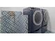 Modern laundry room featuring high-end washer and dryer with stylish blue-patterned tile backsplash and flooring at 2672 Langland Ne Ct, Atlanta, GA 30345