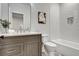 Bathroom with vanity, mirror, white subway tile, and decorative tile flooring at 2171 James Aly, Atlanta, GA 30345