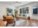 Bright living room boasts hardwood floors, stylish furniture, and a view of the outdoors, making it inviting at 2159 James Aly, Atlanta, GA 30345