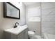 Bathroom with gray vanity, modern sink, and tiled shower wall at 264 Silver Springs Sw Cir, Atlanta, GA 30310