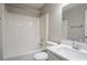 This full bathroom features a shower-tub combo, white vanity and neutral walls at 1202 W Briar Gate Ct, Riverdale, GA 30296