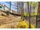 Lush backyard with tiered landscaping, featuring a patio, retaining walls, wooded areas, and a classic fence at 6921 Springbank Way, Stone Mountain, GA 30087