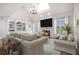 Bright living room with fireplace, built-in bookshelves, vaulted ceiling, and large windows at 7985 Thunder River Way, Cumming, GA 30028
