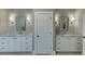 Bathroom featuring double vanity with white cabinets, granite countertops, and mirrors with decorative lighting at 4296 Alba Ln, Buford, GA 30519