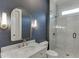 This gorgeous bathroom offers a walk-in shower, stylish wallpaper, vanity and lighting at 4296 Alba Ln, Buford, GA 30519