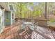 Enjoy outdoor dining on this beautiful wooden deck overlooking a lush green backyard at 1013 Harbor Ct, Woodstock, GA 30189