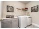 Laundry room featuring a front load washer and dryer, gray cabinets, and shelving at 427 Parkbrook Way, Canton, GA 30114