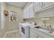 Well-organized laundry room with white cabinets, sink, and modern washer and dryer at 7740 Sagebrush Dr, Atlanta, GA 30350