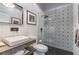 Modern bathroom featuring a patterned tile shower, sleek fixtures, and a stylish vanity at 1069 Colquitt Ne Ave, Atlanta, GA 30307