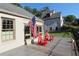 Outdoor patio area featuring red Adirondack chairs, an American flag, and a well-maintained lawn at 584 Cherokee Ne St, Marietta, GA 30060
