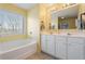 Bright bathroom featuring a tub under a window and double sink vanity with white cabinets at 2845 Englewood Dr, Cumming, GA 30040