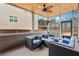 Comfortable screened-in patio with stylish wicker furniture, ceiling fan, and a wooden ceiling at 3400 Palmer Lake Pointe, Douglasville, GA 30135