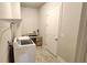 Efficient laundry room with a washing machine, storage shelf, and access door at 188 Foxtail Rd, Woodstock, GA 30188